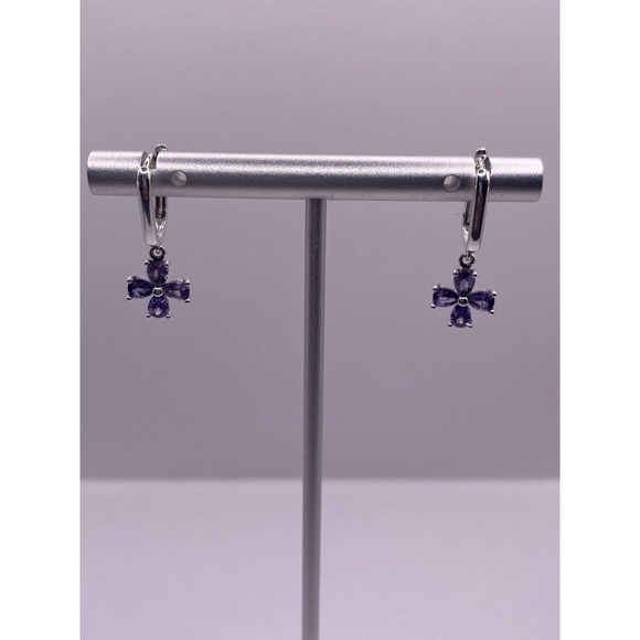 Four Leaf Purple CZ Flower Design Sterling Silver S925 - Picture 1 of 4